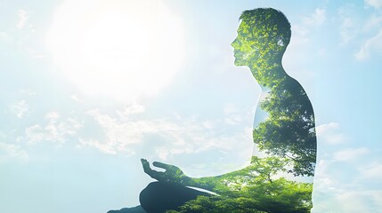 man's silhouette merged with a natural landscape, symbolizing his connection to nature and the environment.A serene and calming image, suggesting a deep appreciation for the natural world and 