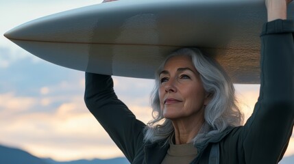 Cropped shot of a senior woman holding a surfboard above her head, walking towards the ocean for surfing. Active and adventurous lifestyle concept for older adults