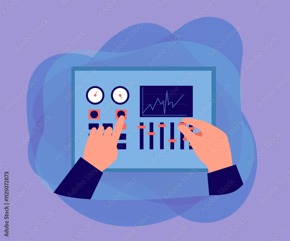 Poster hands pushing buttons and moving sliders on control panel. dashboard with gauges and screen flat vec