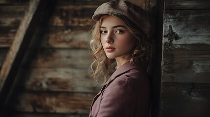 Portrait of a young woman with blonde curly hair wearing a newsboy cap and mauve jacket, leaning against a wooden wall.