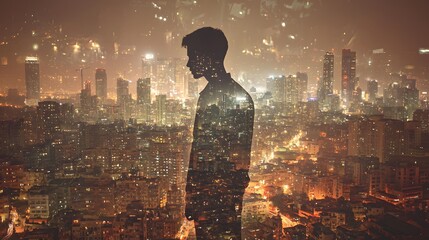 man's silhouette merged with a cityscape at night, symbolizing his urban identity and nocturnal lifestyle.A moody and atmospheric image that captures the energy and excitement of city life. 