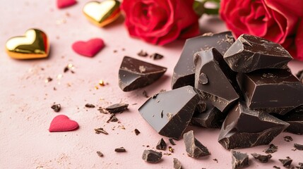 A romantic arrangement featuring dark chocolate pieces surrounded by red roses and decorative hearts on a soft pink background.