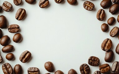 A circular arrangement of dark coffee beans on a light background, creating a visually appealing frame.
