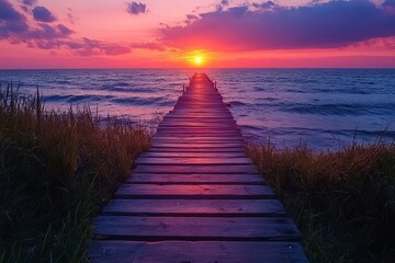 Fototapeta premium Sunset view from wooden pier at tranquil seaside location