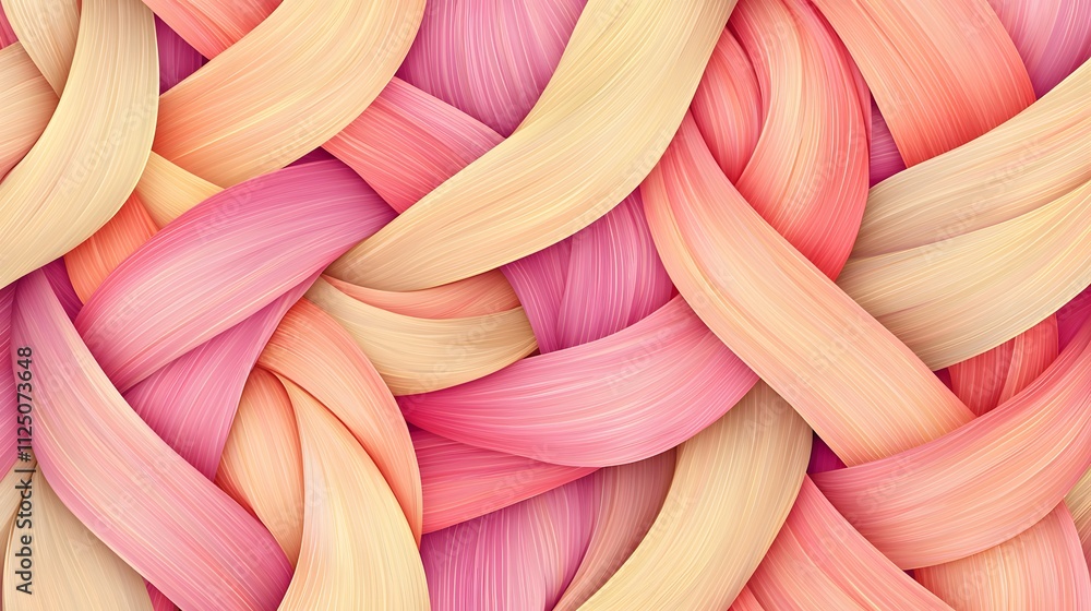 Poster a clean background with abstract interwoven ribbons in soft hues forming a seamless texture.