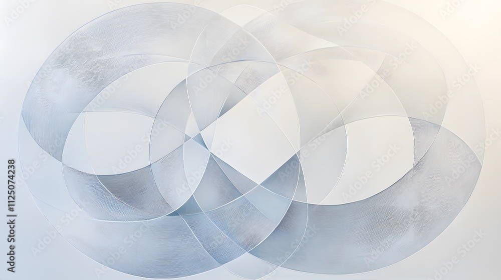 Poster an abstract depiction of interwoven circles glowing softly against a clean white background.