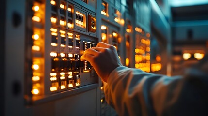 Close-up of a hand manipulating switches on an electrical panel, the glow of lights reflecting the technician s concentration.