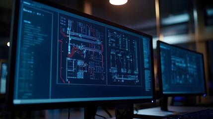 A close-up of monitors displaying electrical flow charts, soft ambient lighting creating an engaging visual effect.