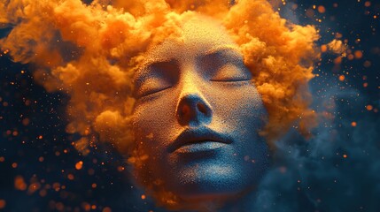 Stoic mask amidst swirling ethereal orange clouds