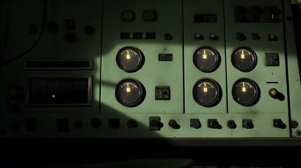 Fototapeta premium Close-up of a control panel with blinking lights and gauges, shadows creating a tense atmosphere of urgency and focus.