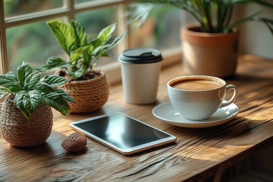 Cozy coffee moment with plants and a tablet in natural light