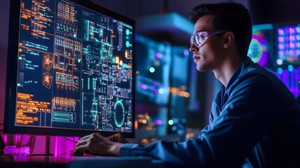A technician engaged in monitoring a digital interface with electrical schematics, the room filled with colorful ambient light.