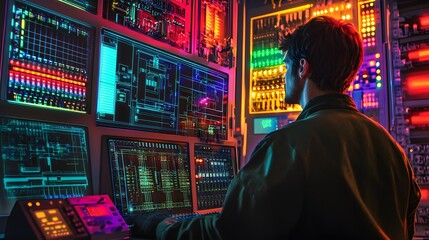 A technician engaged in monitoring a digital interface with electrical schematics, the room filled with colorful ambient light.