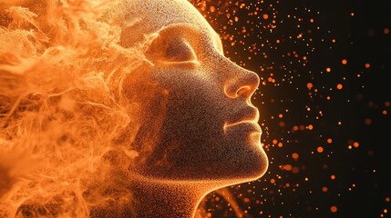 Ethereal woman emerging in glowing orange particles