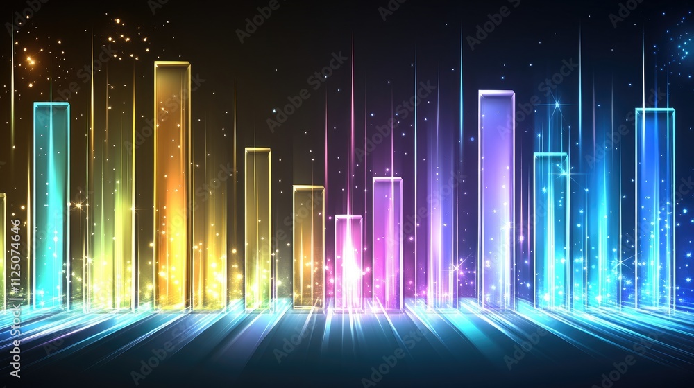 Poster a colorful 3d bar chart with bars extending from a transparent base, illustrating an increase in pro