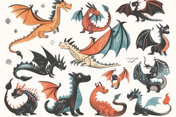 Funny dragons doodle set, cartoon dino, graphic dinosaurs isolated, monster animals