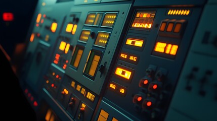 Close-up of an electrical control panel with glowing buttons and indicators, shadows highlighting the intensity of the technician's focus.