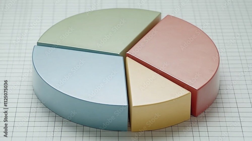 Poster a colorful 3d pie chart with floating, glossy segments, each representing different business metrics