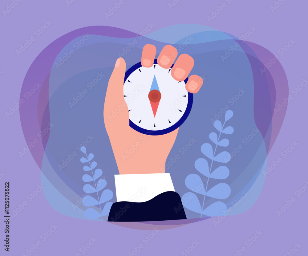 Poster businessman using compass to find right direction and way. hand of person holding device for navigat
