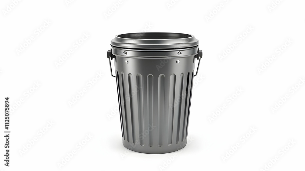 Poster a 3d render of an empty, grey metal trash can with a ribbed design. it features a lid and two handle
