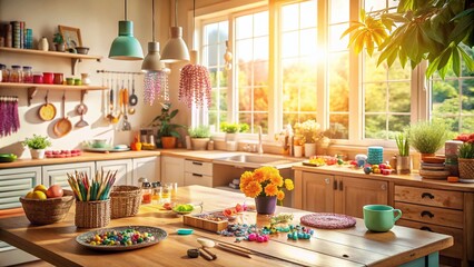 Cozy Afternoon DIY Jewelry Making in a Sunlit Kitchen with Craft Supplies on Table, Inviting Atmosphere for Creative Projects and Relaxation