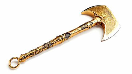 A gold double headed axe with intricate engravings, featuring a ringed handle. The design suggests a fantasy or mythological weapon, possibly ancient or legendary.