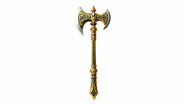 A majestic golden double bladed axe with intricate carvings on its shaft and head, isolated on a white background. The axe displays a fantasy medieval design.