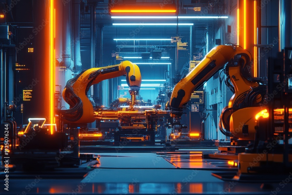 Poster futuristic factory with two robotic arms assembling a part on a conveyor belt.