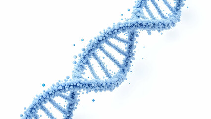 Stylized 3D rendering of a DNA double helix composed of light blue spheres and smaller blue spheres, suggesting genetic material and cellular processes. Isolated on white background.