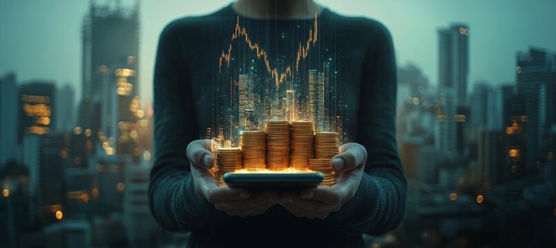 Hands Holding Smartphone With Holographic Stock Market Graph And Stacks Of Gold Coins