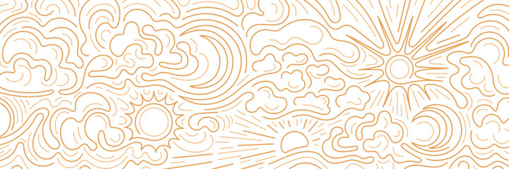 Sun, moon, cloud patern. Line sea, minimal wave