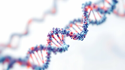 Closeup of a 3D rendered DNA double helix. The model shows the intricate, spiraling structure with colorcoded base pairs, representing the genetic code of life.