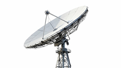 A large parabolic satellite dish antenna on a tall metal tower against a white background. Its used for communication and data transmission.