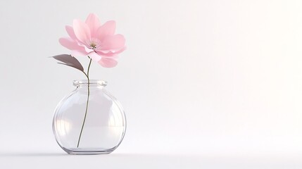 Transparent Glass Vase with Single Delicate Flower Blooming on White Background 3D