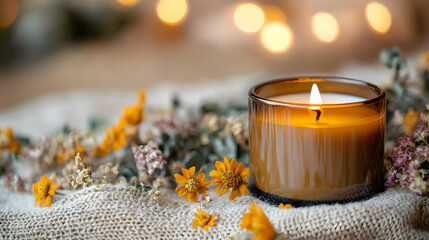 Warm candlelight creates a cozy atmosphere with delicate flowers and soft hues for a relaxing evening setting