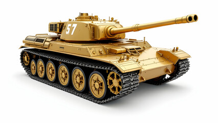 A goldpainted military tank, number 57, is shown in a three quarter view against a white background. Its a detailed model of a powerful armored fighting vehicle.
