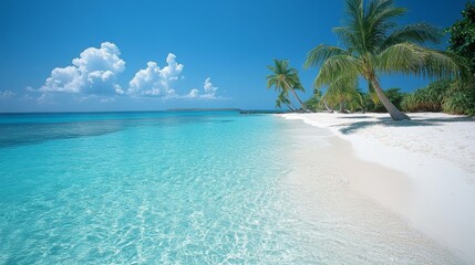 Naklejka premium Idyllic Tropical Beach Scene With Palm Trees And Clear Water