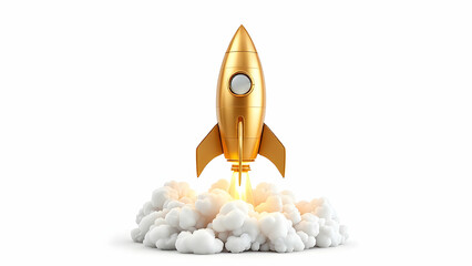 A golden rocket ship blasts off, leaving a trail of white smoke. It symbolizes a successful launch, new beginnings, and rapid growth. The image is clean and minimalist.