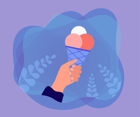 Hand holding waffle cone with colorful ice cream balls. Person eating frozen dairy snack summertime flat vector illustration. Dessert, food concept for banner, website design or landing web page