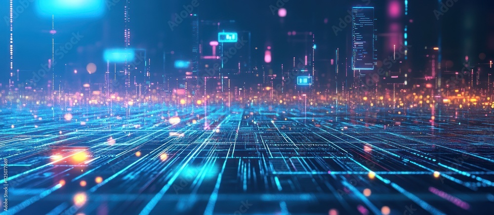 Poster futuristic digital cityscape with glowing lines and data streams.
