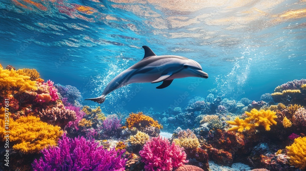 Poster a dolphin splashing playfully in shallow waters, with colorful coral reefs visible below, creating a