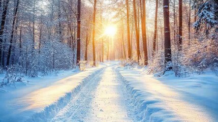 Naklejka premium Snowy forest path with fir trees and blue sky