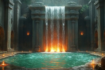 Ancient temple with a waterfall and glowing pool at sunset