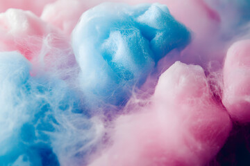 Fototapeta premium Macro photo of sweet pink and blue cotton candy, fluffy sugar cloud, bacground