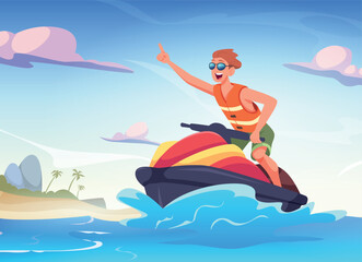 jet ski. Funny male character riding on water bike. Vector template