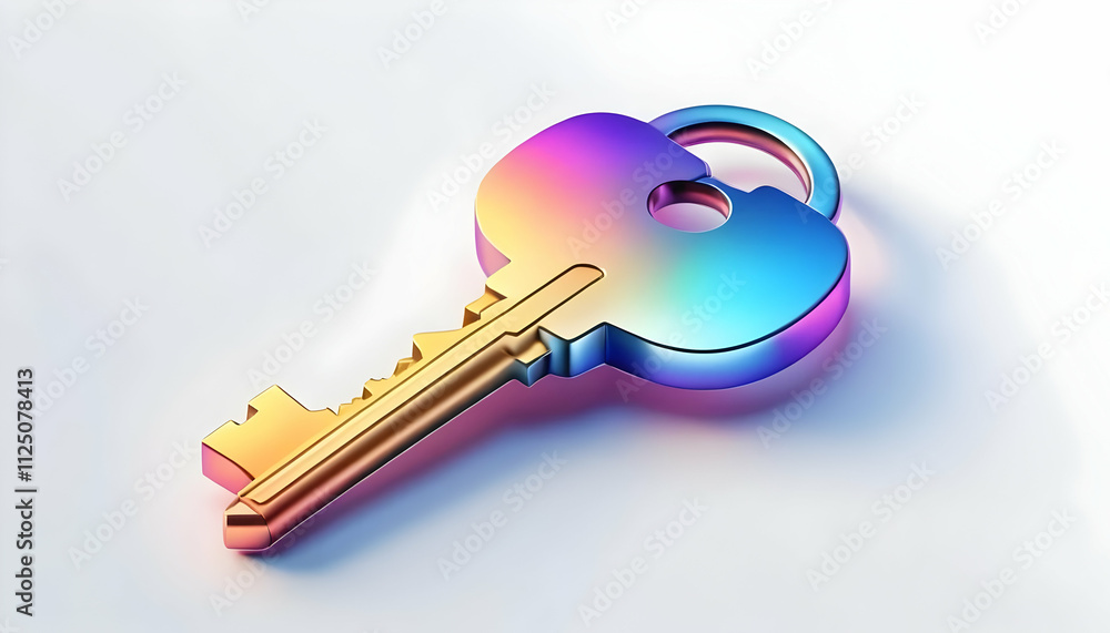Poster a 3drendered image showcases a metallic key with a vibrant rainbow gradient. the keys design is mode