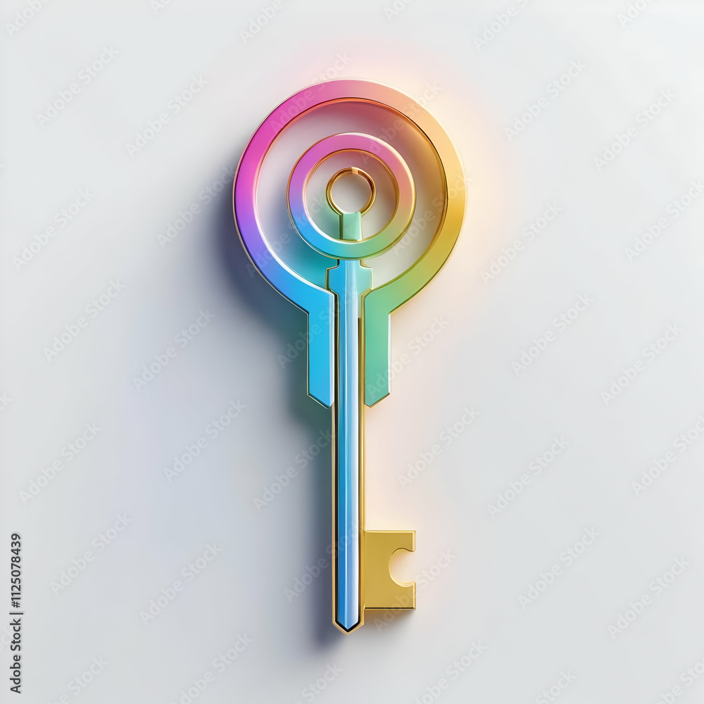 Poster a 3drendered image shows a stylized key with a rainbow gradient circular top and a gold, blue, and g