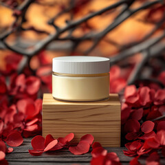 cream jar placed on wooden block surrounded by red petals and branches, creating serene and natural atmosphere. soft colors and textures evoke sense of calm and beauty