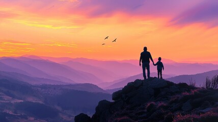 Obraz premium Father and Child on Mountain Peak