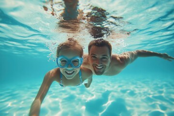 Naklejka premium A Father And Daughter Swim Underwater In A Pool, Enjoying Their Summer Vacation. The Scene Highlights Family Fun, Learning To Swim, With A Blue Father's Day Banner.